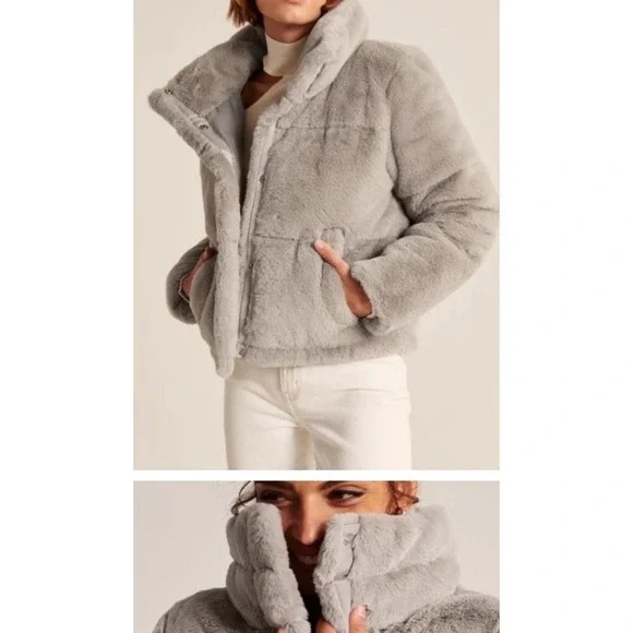 The Abercrombi & Fitch Mini Puffer Jacket Beige Faux Fur Cropped Soft Large - Picture 2 of 12
